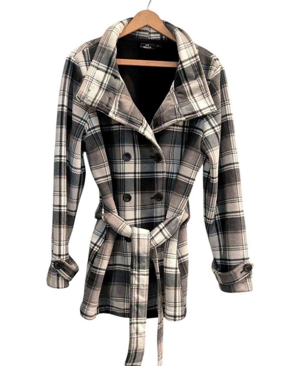 WOMEN'S IKE BEHAR GRAY PLAID DOUBLE BREATED BELTED PEACOAT SHERPA LINED XL G